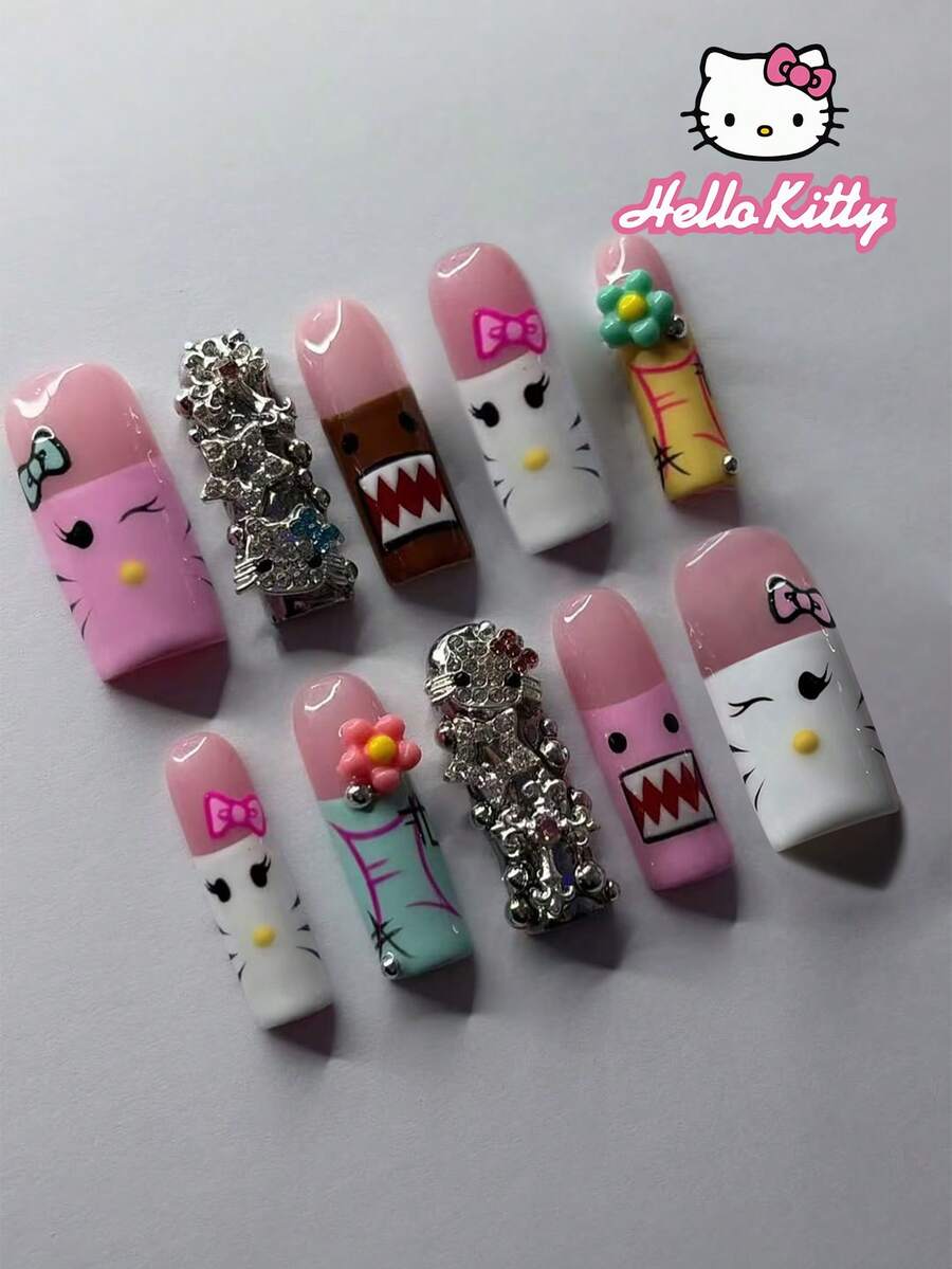Sanrio Hello Kitty 24片長方形3D凝膠法式穿戴甲，可愛Hello Kitty與DoMo、星星、水鑽與花朵設計，完美貼合壓克力假指甲套組，含1片果凍膠與1片指甲锉，適合女性與女孩日常與派對使用 - 彩色 - 查看 1
