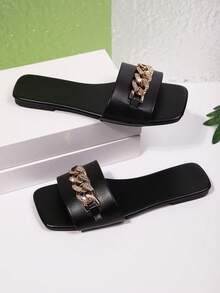 Women's Casual Slip-On Square Toe Chain Buckle Rhinestone Slip-On Sandals, Shiny Holiday Slides - Black - View 7