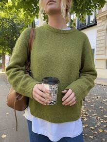 Women's Green Knit Pullover Sweater, Long Sleeve, Regular Length, Medium Stretch, Perfect For Autumn Casual Wear - Green - View 5