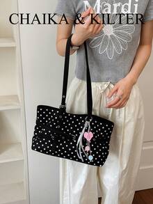 CHAIKA & KILTER 1pc Solid Color PU Fabric Tote Bag, Women's Retro Fashion Shoulder Tote Bag, All-Over Ripple Dot Pattern, Double Handle Design, Zipper Closure, Strap Decoration, Suitable For Daily And Street Use (Sold With Pendant) - Black - View 8