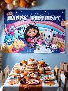 MASSDI Gabby Dollhouse Theme Birthday Backdrop, Macaron Color Cartoon Polyester Photo Banner, Foldable Wall Hanging Decoration, Suitable For Birthday Celebration, Outdoor Picnic And Theme Party Decor - Multicolor - View 12