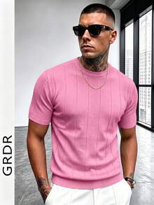 Suéter casual de punto acanalado de cuello redondo de manga corta de unicolor para hombres GRDR - Rosa - Ver 5