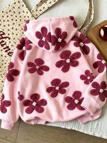Young Girl Floral Pattern Warm Hooded Sweatshirt - Pink - View 2