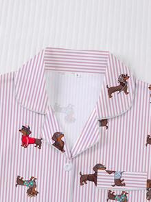 2 piezas/Set Conjunto de pijama para mujer, estampado de perro salchicha, ropa de estar en casa para mujer, conjunto de vacaciones de primavera/verano, top de manga corta con cuello y pantalones cortos, se puede usar al aire libre - Rosa - Ver 4