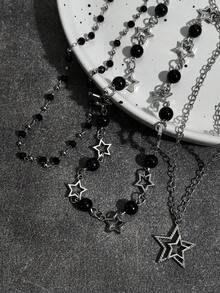 3pcs/Set Y2K Grunge Style Alloy Black Bead Hollow Star Multi-Layer Leather Cord Necklace Set, Daily Streetwear Accessory For Women - Black - View 6
