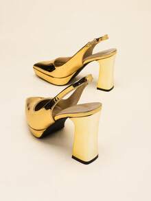Women's Square Toe Gold Chunky Heel High Heels Thick Sole Back Strap Fashion Elegant Summer Autumn Shoes (Runs Half Size Large) - Gold - View 5