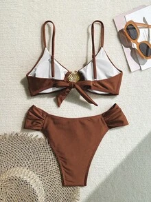 女款純色亮面布料搭配金屬飾品細肩帶比基尼兩件套 度假海灘夏季款 - 棕色 - 查看 2