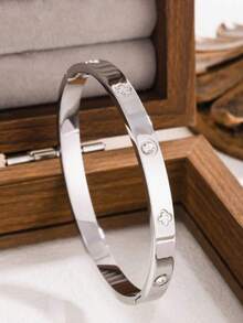 New Fashion High Quality Stainless Steel Flower Zirconia Bangle Bracelet Jewelry Set, Suitable For Daily Wear - Silver - View 4