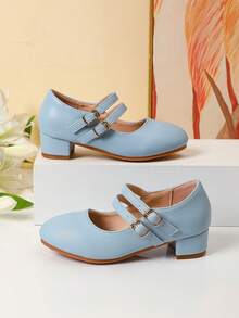 Sepatu Hak Tinggi Anak-Anak Terbaru Musim Semi/Gugur dengan Desain Dua Gesper, Cocok untuk Pemakaian Sehari-hari, Sepatu Dansa, dan Sepatu Pernikahan - Biru - View 6