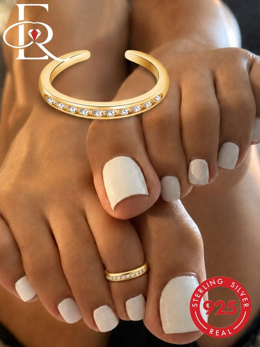 EleRunis 925 Sterling Silver Elegant Circular Diamond Toe Ring Adjustable Size Summer Beach Wear Open Design Versatile Foot Jewelry For Girls Beach Travel - Gold - View 1