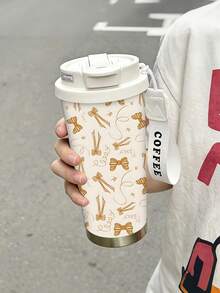 1pc/5pcs 500ml Elegant Gold Bow Water Cup, Double-Wall Stainless Steel Insulated Tumbler For All Seasons Outdoor Travel, Cream White Base With Vintage Gold Ribbon Bow Print Design, Portable Coffee Cup With Lanyard, Gift For Girlfriend, Couple Cup, Suitable For Daily Commute And Best Friends - Apricot-brown Bow - View 6