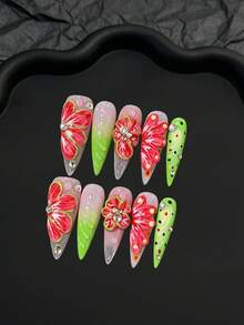 LIVENTO 10pcs/Set Summer Flower Long Pointed Press On Nails, Pink Jelly Green Ombre Handmade Press On Nails With Sparkle Rhinestone Decor, Fake Nails For Women. - A-003 - 查看 2
