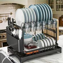 2-Tier Dish Drying Rack Set - Large Metal Dish Rack With Drip Tray, Glass Cup Holder, Utensil Holder And Extra Drainage System - Efficient Kitchen Dish Drying Storage Accessory - Multicolor - View 2