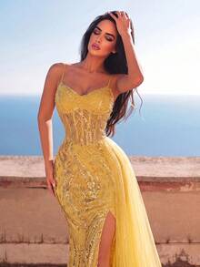 Faeriesty Haute Glamour Sheer Overlay Slit Thigh Beaded Formal Spaghetti Strap Evening Gown Yellow Wedding Party Fall - Yellow - View 4