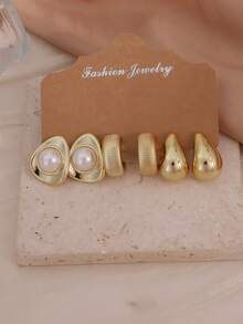 6-18PCS Gold Fashion Elegant Casual Women's Earrings Set, Includes Pearl Studs, Flower, Water Drop, Wave Geometric Design, Suitable For Daily Commute, Date, Vacation, Everyday Versatile, Unique Non-Clashing Style - Gold - View 13
