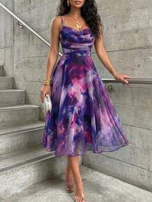 ChicMe Women's Ombre Print Ruched A-Line Sleeveless Midi Dress, Back Zipper Design, Casual Elegant, Suitable For Daily And Vacation Wear - Purple - View 5