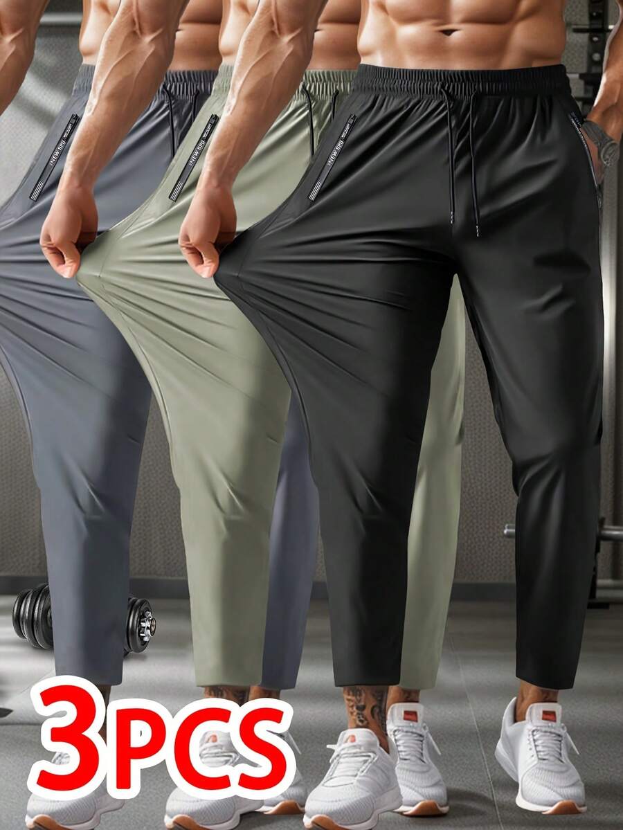 3pcs Men's Ice Silk High Elasticity Drawstring Sports Pants, Suitable For Fitness, Running, Sports Or Casual Wear Fall - Multicolor - View 1