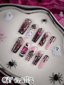10 Peças/Conjunto Unhas Postiças Feitas à Mão, Unhas em Formato de Caixão, Unhas de Verão, Unhas de Halloween, Unhas Longas, Destacáveis, Adequadas para Festa, Dança, Uso Diário, Festa de Estudantes, Cosplay de Trabalhador de Escritório, Postiças e Reutilizáveis, com Adesivo de Cola para Unhas e Lixa de Unhas - Rosa Bebê - Visão 10