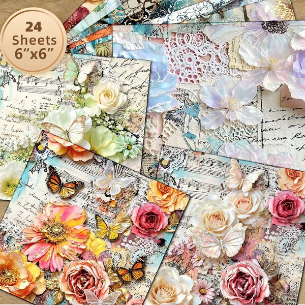 24 Sheets 6x6 Inch Non-Repeating Vintage Floral Collage Paper, Rose Butterfly Lace Old Manuscript Pattern, Scrapbooking, Greeting Card Making, Photo Album DIY, Gift Box Lining Handmade Background Paper
