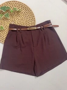 Shorts Marrant With Belt And Pocket, High Waist - 巧克力棕 - 查看 2