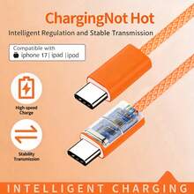 USB-C Fast Charging Cable Compatible With IPhone 17/16/15, USB-C To Type-C Charging & Data Cable (3.3/6.6/10ft Nylon Braided) For Indoor/Outdoor/Travel And Car Use, Fast Charging For IPhone 17/16/15/Pro/Pro Max, Android Phones - 橘色 - 查看 3