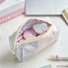1pc Pudding Three-Color Large Capacity Pencil Case, Ins Style Patchwork Polka Dot Korean Student Canvas Storage Bag, Portable Polka Dot Plaid Organizer - Color Matching - View 6
