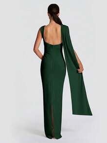 Solid Color Elegant Ruffle Zipper Pleated Dress For Beach - Dark Green - View 5