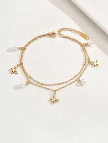 1pc Exquisite Double Layer Butterfly Pearl Anklet, Minimalist Fashionable Luxury Versatile Commute, Elegant Romantic Charm For Ankle - Anklet - View 4