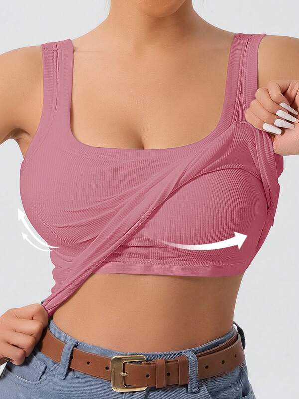 1pc All-Season Women's Large U-Back Sports Tank Top, Pink Ribbed High-Elastic Fabric 2-In-1 With Removable Padding, Slim Fit Flattering Solid Color Outerwear Sports Top, Versatile Yoga Base Layer Tank Top