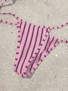 女款 2 件組紅米色條紋掛脖比基尼泳衣，適合夏季海灘派對、度假、聖誕節與萬聖節穿搭 - 粉色 - 查看 5