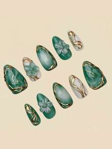10pcs 3D Gold Plated Embossed Decorative Nail Stickers Y2K Style Almond Shape Nail Art Supplies - Mint Green - View 2