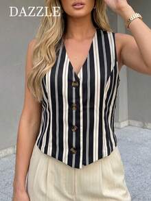 1 pezzo Gilet a righe da donna, adatto per pendolarismo, uscire con gli amici, appuntamenti serali, vacanze, ufficio, uso quotidiano, aeroporto, tutte le stagioni estive - Multicolore - Visualizzare 7