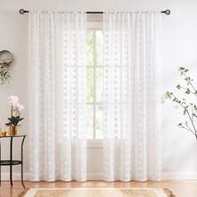 COSENNATUR 1pc White Pom Pom Striped Jacquard Semi-Sheer Curtain, Rod Pocket Design, Lightweight Soft Washable, Modern Minimalist Style, Suitable For Living Room, Bedroom, Dining Room, Office, Wedding Decor - White - View 1