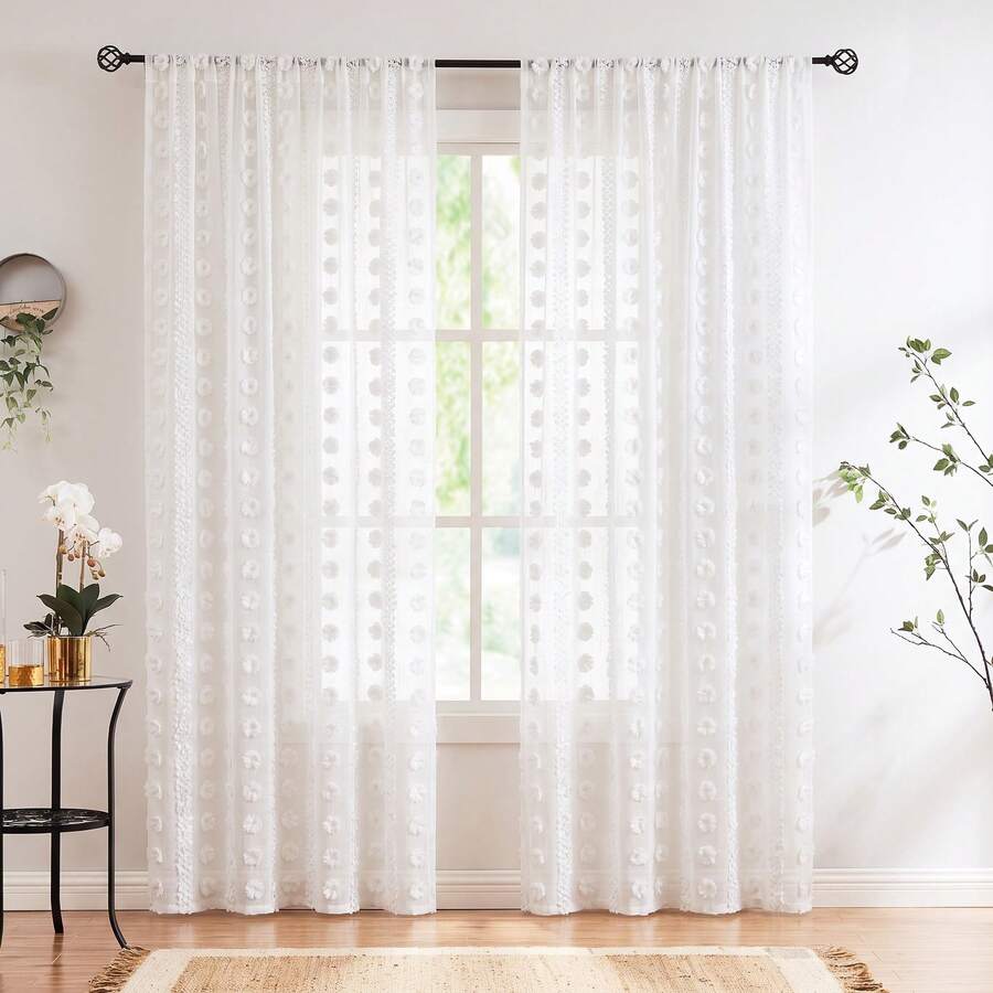 COSENNATUR 1pc White Pom Pom Striped Jacquard Semi-Sheer Curtain, Rod Pocket Design, Lightweight Soft Washable, Modern Minimalist Style, Suitable For Living Room, Bedroom, Dining Room, Office, Wedding Decor - White - View 1