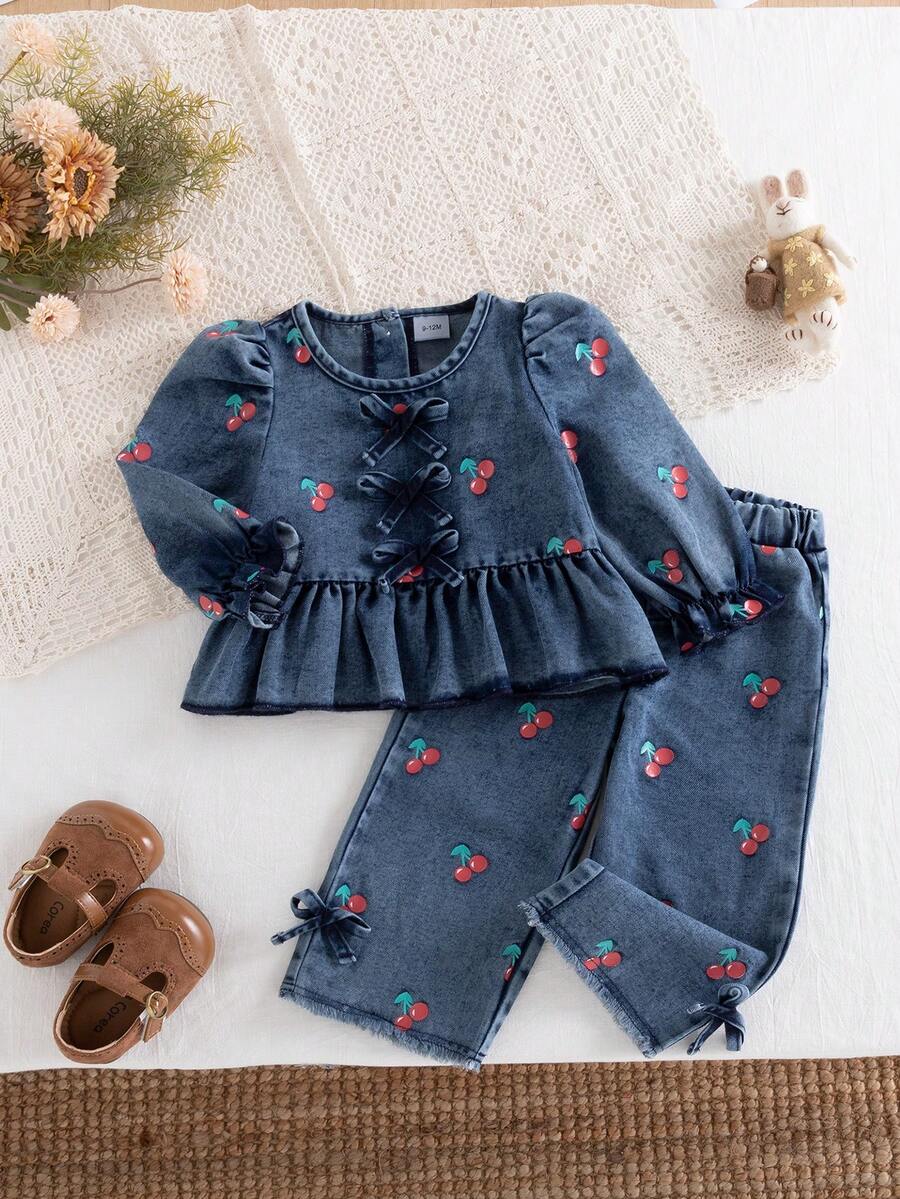 2pcs/Set Baby Girl Outfit, Sweet & Cute Style, Cherry Print Puff Long Sleeve Top With Bow Decor And Ruffle Hem, Paired With Frayed Hem Drawstring Elastic Waist Long Pants, Fresh & Playful Pattern, Soft Fit, Suitable For Daily Wear, Outdoor Photos, Party Occasions, Creating Exquisite Baby Outfit, Fits Spring/Autumn Seasons - Dark Wash - View 1