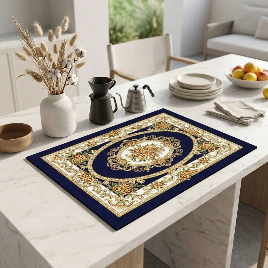 1pc Dish Drying Mat, Coffee Machine Mat, European Classical Floral Pattern Deep Blue Background Luxury Scroll Rose Design, High Absorbency Drainage Mat Suitable For Dining Table And Cafe Use, Multi-Purpose Water-Draining Mat, Home Gift, Tabletop Decor