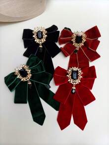1pc Vintage Court Style Burgundy Velvet Double Layer Bow Tie With Gold Hollow Flower Frame Black Gemstone Teardrop Pendant Adjustable Neck Cord, Wedding Dress JK Shirt Christmas Atmosphere Neck Accessory For Halloween Cosplay Party, Event, Photo Shoot - Red - View 7