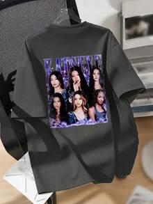 Teen Girl, KATSEYE 6 Members Print American Street Style Crew Neck Short Sleeve Pullover T-Shirt Summer Top - Dark Grey - View 6