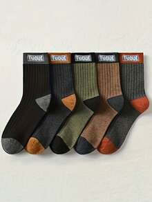 1/5 Pairs Men's Thick Mid-Calf Socks, Solid Color Letter Socks, Sports Casual Business Socks - Multicolor - View 2