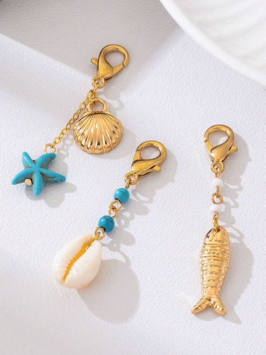 3件組海洋系列時尚優雅海星與魚造型吊墜人造珍珠流蘇飾品組,海灘米珠鑰匙圈 - 多色三件套裝 - 查看 1