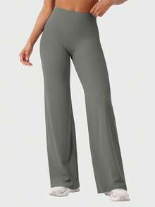 VOYJOY Straight Leg Bottoms Wide Leg Pants For Women  31.5" High Waist Stretch Casual SweatpantsWomen Mini Flared Leggings Summer  Leggings For Women - 灰綠 - 查看 9