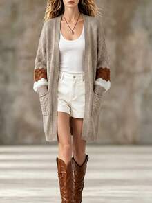 Áo cardigan len nữ dáng rộng thoải mái, mềm mại, phong cách lười, tay lồng đèn vai trễ, họa tiết sọc sóng phối màu, mở trước, độ dài vừa, mặc thường ngày mùa thu/đông - Màu Khaki - Xem 2