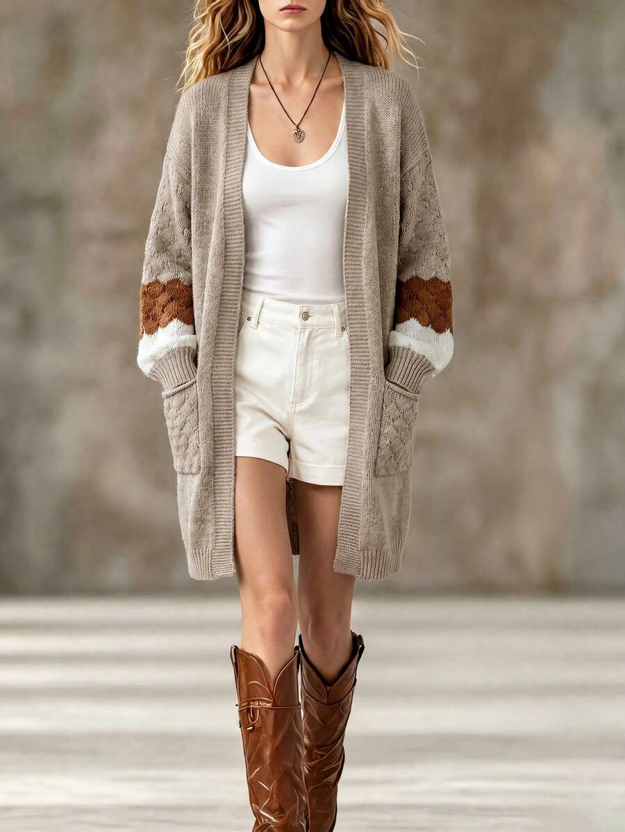 Women's Front Open Colorblock Wavy Striped Lantern Sleeve Dropped Shoulder Autumn/Winter Casual Loose Lazy Soft Comfortable Mid-Length Knit Cardigan - Khaki - View 1