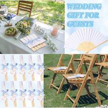 3pcs Blue Wedding Paper Fan Gift Set, Includes White Folding Fan, Blue Bow And Thank You Card, Suitable For Wedding Favors And Party - Multicolor - View 6