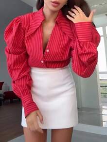 Women's Fashion Elegant Commute Lapel Long Sleeve Striped Shirt, Solid Color Front Button-Down Office Daily Autumn/Winter - Red - View 10
