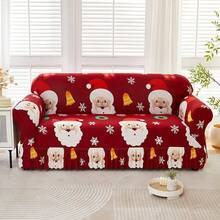 1pc Printed Santa Claus Elastic Hem Sofa Cover, All-In-One Sofa Slipcover For 1-2-3-4 Seater Sofas, Soft Fabric, Suitable For Straight Sofa, Living Room, Bedroom, Study, Home Decor - Red - View 6