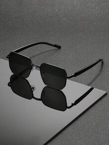 1pc Men's Luxury Gold Frame Square Metal Pure Black Lens, Decorative Ring Hinge, Suitable For Driving, Daily, Street, Travel, Outdoor Glasses - Multicolor - View 4