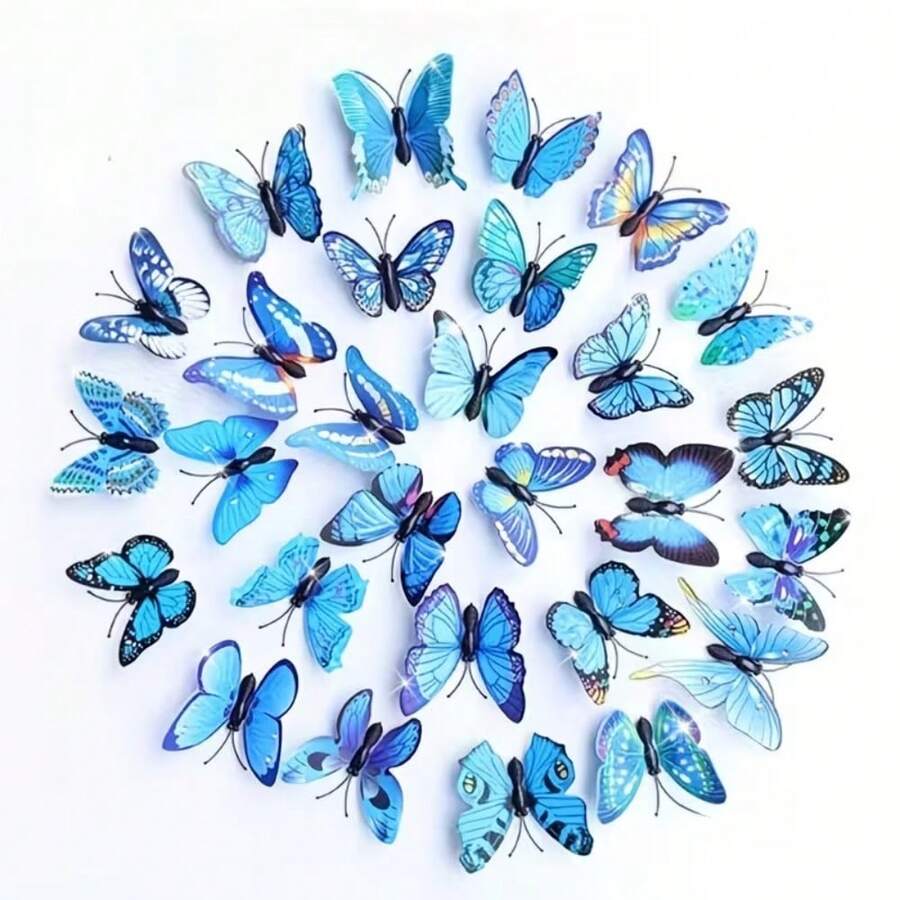 Random Style 3D Butterfly Set, Double Layer Realistic Butterfly DIY Decor, Bedroom Wedding Party Wall Decoration, 3D Blue Butterfly Craft Plastic Accessories, Suitable For DIY Handmade, Home Decor, Holiday Decor, Gift Decor, Bouquet Decor - Blue - No Adhesive - View 1