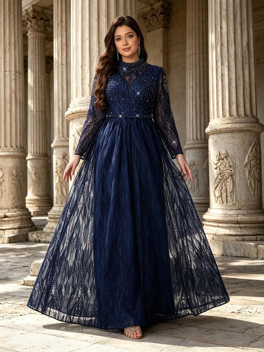 Plus Size Fall Elegant Long Sleeve Leaf Lace Beaded A‑Line Maxi Dress, Winter Mock Neck Formal Evening Gown For Party Wedding Going Out - Royal Blue - View 1