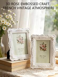 1pc White Rose Embossed Photo Frame, Resin European 3D Classical Floral Design, Gold Trim Decorative Frame Ornament, Warm Home Desktop Decor, Horizontal & Vertical Use, Suitable For Bedroom, Study, Office Desk Decoration - 1PC - View 8